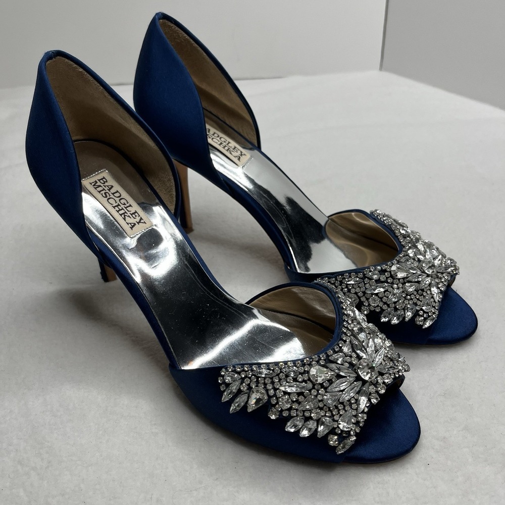 Badgley Mischka Shoes 9.5 Navy Blue Satin High Heel Elegant Luxury Wedding Prom